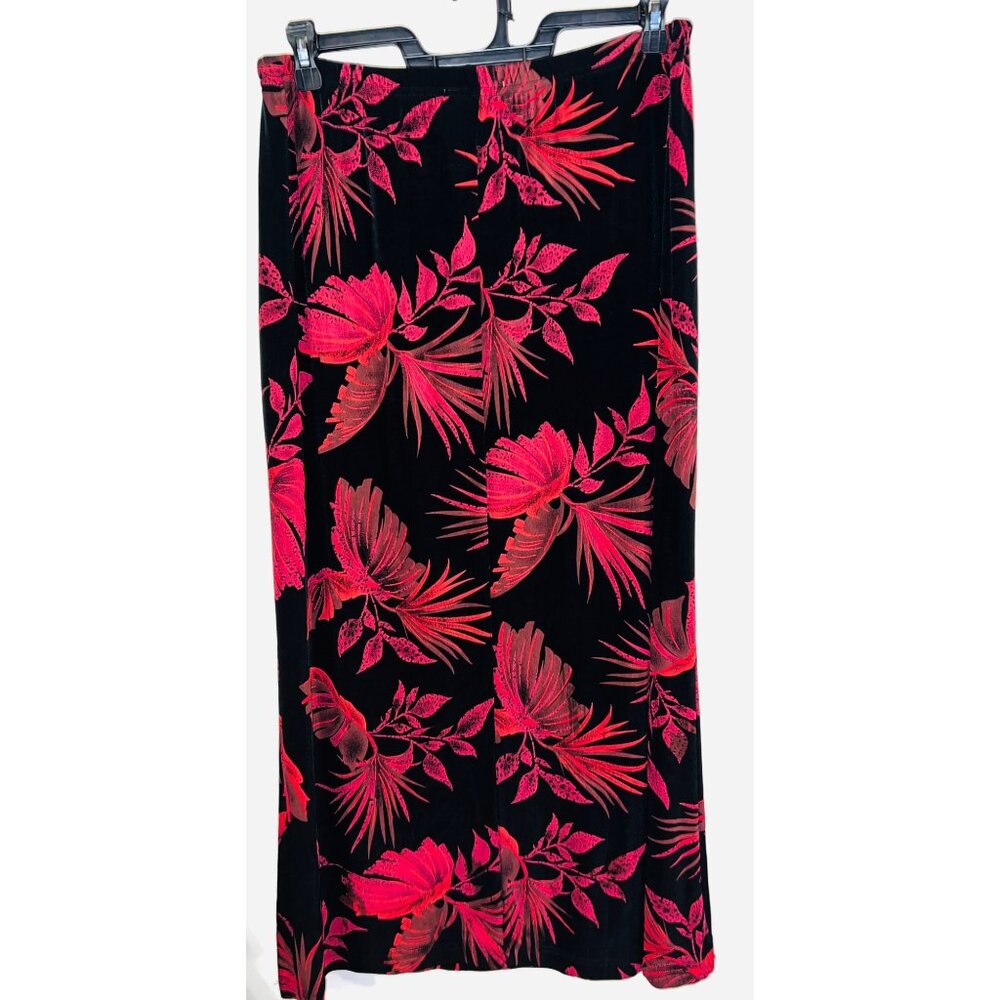 Chadwicks Red & Black Floral Midi Skirt Elastic Waist Medium 16" Side Slits - Picture 1 of 3